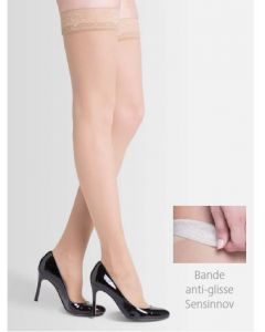 Sigvaris bas cuisse Sheer 20-30 mmHg Femme Médium/Court Doré Pointe Fermée Bande Antiglisse Sensinnov, 1 Paire. Disponible sur prescription seulement en magasin.